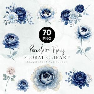 Imágenes prediseñadas florales de porcelana azul marino / Imágenes PNG de peonías y rosas azul empolvado (descarga digital)