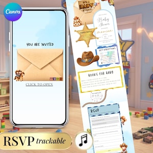 It's A Baby Story Classic Cowboy  Baby Shower Website, Watercolor Adventure Digital Invite, Gender Neutral Canva Template, Trackable Rsvp