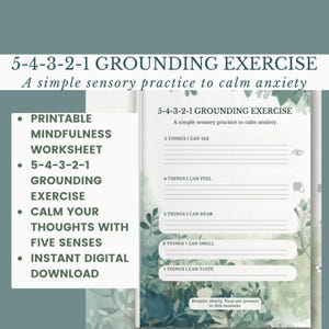 54321 Uziemienie: Ulga w lęku – wydruk i arkusz ćwiczeń terapeutycznych. Obniż poziom kortyzolu, obniż napięcie, wycisz umysł. Poranna rutyna lub rutyna przed snem.