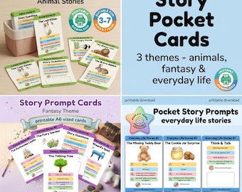 Puede incluir: Una colección de tarjetas de historias imprimibles con temas de animales, fantasía y vida cotidiana. Las tarjetas incluyen ilustraciones de gatitos, pandas, leones, conejos, jardines de hadas y ositos de peluche, con preguntas y sugerencias para niños de 3 a 7 años.