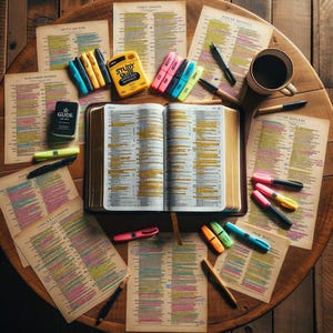 May include: An open book with highlighted text, surrounded by papers, pens, and colorful highlighters. A yellow box with the text "Study Club" is also present. A cup of coffee sits on the wooden table, creating a study or learning theme.