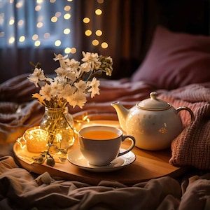 May include: A cozy scene featuring a wooden tray with a teacup and saucer, a teapot, and a vase of white flowers. A lit candle and fairy lights add warmth. The setting is a bed with a soft blanket.