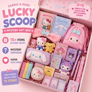 May include: A Sanrio mystery gift box containing over 15 items including plush toys, notebooks, pens, a drawstring pouch, a headband, and small accessories featuring characters like Hello Kitty, Cinnamoroll, My Melody, Kuromi, and Pompompurin.