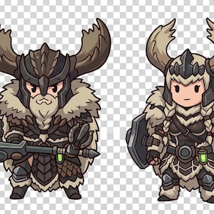Pode incluir: Dois personagens guerreiros em estilo chibi com capacetes com chifres e armaduras com bordas de pele. O personagem da esquerda segura um grande martelo de madeira com espinhos, enquanto o da direita carrega um escudo. Ambos têm placas escuras e frascos verdes.