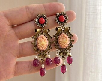 Pendientes de rosas vintage, pendientes de borlas victorianas, pendientes llamativos vintage franceses, regalo de joyería colgante floral rosa