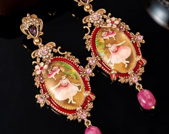 Pendientes colgantes de camafeo victoriano, colgantes de araña rococó con diseño de hadas, joyas florales vintage, regalo romántico para ella.