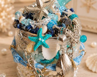 Coastal Baroque Jewelry Jar, Ocean Pearl Starfish Mystery Jewelry Gift, Mermaid Beach Treasure for Her, Vintage-Inspired Nautical Set