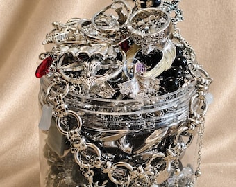 Midnight Silver Jewelry Treasure Jar, Gothic Birthday Gift for Her, Curated Silver-Tone Jewelry Set, Dark Romantic Keepsake