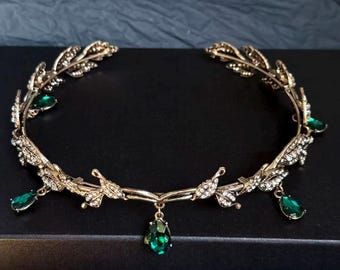 Leaf Crown Tiara – Crystal Drop Headpiece | Fairy Elf Wedding Crown, Renaissance Cosplay Hair Jewelry