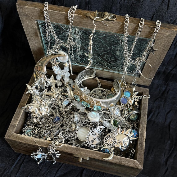 Moonlit Celestial Jewelry Box, Silver Moon Necklace Star Earrings, Zodiac Jewelry Mystery Box, Magical Gift For Her