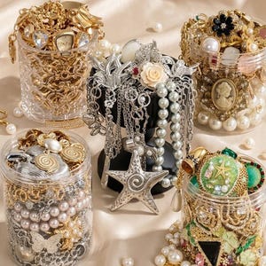 May include: A collection of jewellery storage containers filled with assorted items including gold chains, pearl necklaces, a silver starfish pendant, a cameo brooch, and various decorative pins, all displayed with a central black stand.