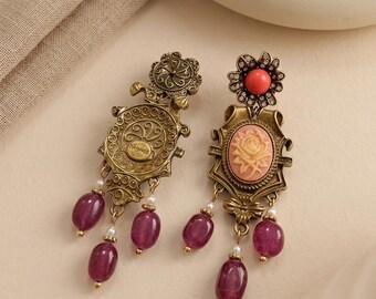 Vintage Rose Earrings, Victorian Tassel Earrings, French Vintage Statement Earrings, Pink Floral Dangle Jewelry Gift