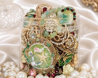 Victorian Garden Treasure Jar, Vintage Necklace Bracelet Ring Earrings Mix, Floral Jewelry Mystery Gift for Her, Antique Gold Jewelry Box