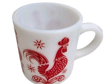 Hazel Atlas Platonite Milk Glass Red Rooster Chicken Coffee Cup / Mug Vintage