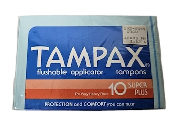 Vtg. 1985 NOS Tampony Tampax Super Plus (10) Pudełko zapieczętowane Rekwizyt filmowy/telewizyjny