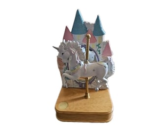 Vintage 5" x 4" x 9" Carousel Porcelain Wood Horse Unicorn Music Box Figurine