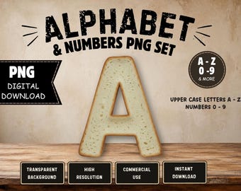 Alfabeto de pan PNG / Letras de comida 3D A-Z y números 0-9 / Alfabeto de tostadas Clipart / Descarga digital