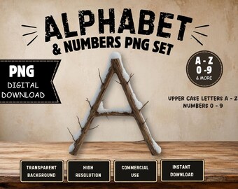 Rustic Winter Alphabet PNG A–Z & Numbers 0–9 | Snow Wood Letters | Christmas Alphabet Clipart | Digital Download