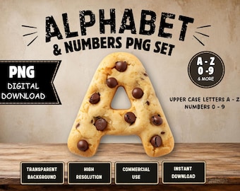 Alfabeto de galletas con chispas de chocolate (PNG) / Letras de galletas 3D de la A a la Z y números del 0 al 9 / Clipart del alfabeto infantil / Descarga digital