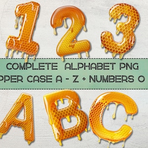 May include: A digital graphic featuring the numbers 1, 2, and 3, and the letters A, B, and C, all designed to resemble honeycombs with dripping honey. The text "COMPLETE ALPHABET PNG UPPER CASE A - Z + NUMBERS 0 - 9" is also included.