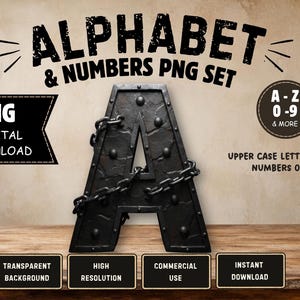 Puede incluir: Un gráfico digital de la letra mayúscula A con un acabado de metal oscuro y texturizado, con remaches decorativos y una cadena de metal envuelta. La imagen incluye el texto ALPHABET & NUMBERS PNG SET, PNG DIGITAL DOWNLOAD, A-Z 0-9 & MORE.