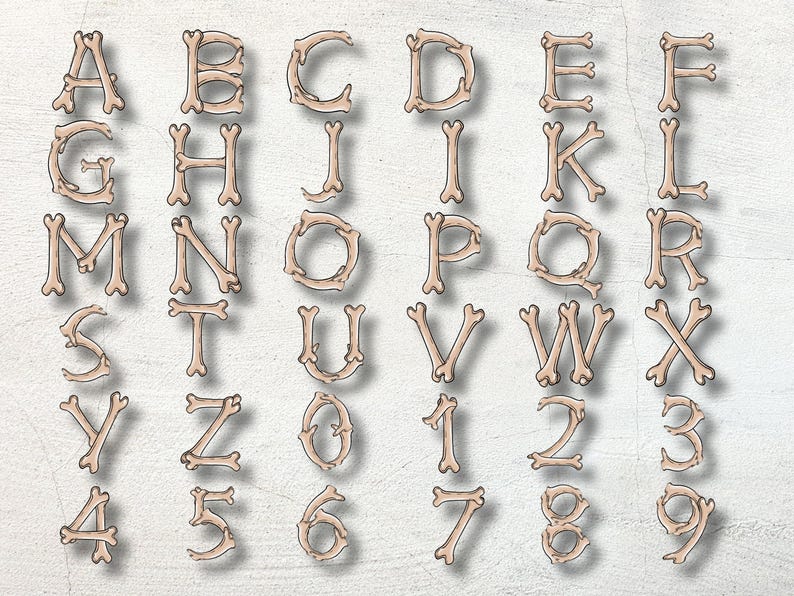 Bone Alphabet PNG Set – Uppercase Letters A–Z & Numbers 0–9 | Skeleton ...