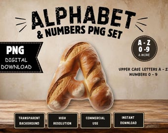 Bread Alphabet PNG A–Z & Numbers 0–9 | 3D Bread Letters | Bakery Typography | Food Alphabet Clipart | Digital Download