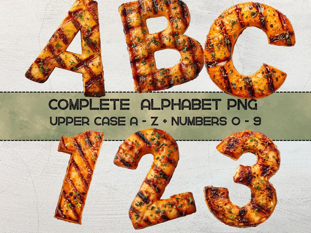 Bbq Letters Exploding Char Grilled Alphabet PNG, BBQ Letters A-Z & Numbers 0-9, Food Font ...