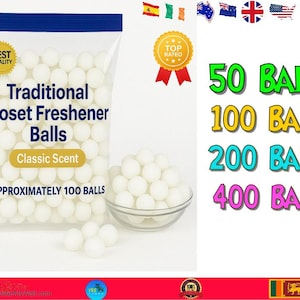 Puede incluir: Una bolsa transparente llena de bolas blancas para ambientador de armario, con la inscripción "Traditional Closet Freshener Balls, Classic Scent". Un cuenco de cristal contiene más bolas. Opciones de texto: 50, 100, 200 y 400 bolas.