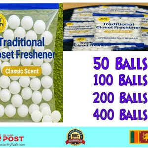 May include: A clear plastic bag filled with white closet freshener balls. The bag has a blue top and features the text "Traditional Closet Freshener" and "Classic Scent". Options for 50, 100, 200, and 400 balls are displayed.