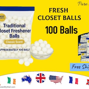 May include: A package of white closet freshener balls with the text "Traditional Closet Freshener Balls" and "Classic Scent". The image also shows a bowl of the balls and the text "100 Balls".