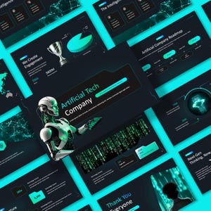 Könnte beinhalten: Eine Sammlung digitaler Präsentationsfolien mit dunklem Hintergrund und türkisfarbenen Akzenten. Die Folien zeigen Diagramme, Grafiken und Text zu Technologie und künstlicher Intelligenz. Auf einer Folie ist eine Roboterfigur zu sehen, und der Text "Artificial Tech Company" ist sichtbar.
