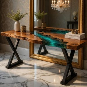 Op de afbeelding: Een rechthoekige sidetable met een natuurlijk houten blad met een boomkant en een centraal, rivierachtig inlegwerk van doorschijnende blauwgroene hars. De tafel wordt ondersteund door zwarte metalen X-vormige poten en bevat een witte vaas, een gouden kaarshouder en twee boeken.