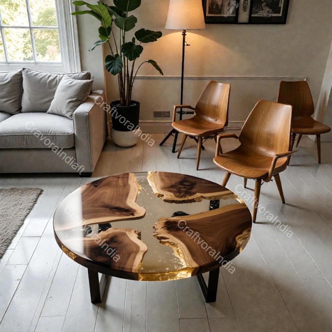 Round Live Edge Epoxy Coffee Table Walnut Side Table Mid Century Modern ...