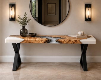 White Edge Epoxy Console Table, Handmade Wood Resin Entryway Table, Modern Foyer Hallway Table, Black River Sofa Accent Furniture