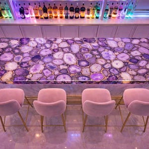 Amethyst Purple Agate Bar Counter, Luxury LED Backlit Stone Bar Table, Custom Crystal Countertop, Modern Home Bar Furniture