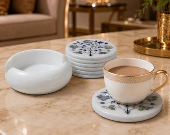 Handmade White Marble Coaster Set with Grey Blue Floral Inlay, Round Stone Tea Coasters with Holder, Luxury Drink Coaster Gift