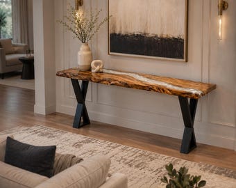 White Pearl Epoxy Console Table, Handmade Olive Wood Entryway Table, Modern Resin Hallway Sofa Table, Luxury Foyer Accent Furniture