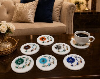 Handmade Marble Coaster Set with Multi Color Floral Inlay, White Stone Drink Coasters, Luxury Coffee Table Decor, Artisan Home Gift