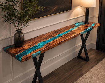 Turquoise River Epoxy Console Table, Handmade Wood Entryway Table, Modern Hallway Sofa Table, Live Edge Resin Foyer Furniture