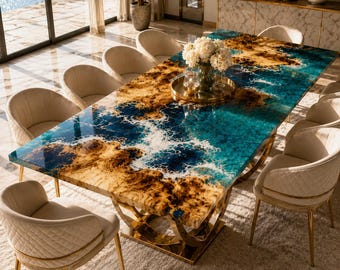 Luxury Blue Gold Epoxy Dining Table, Burl Wood Resin Table, Handmade Ocean River Table, Modern Statement Furniture