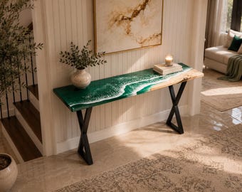 Green Epoxy Console Table, Handmade Wood Resin Entryway Table, Ocean Wave Hallway Table, Live Edge Sofa Table, Modern Foyer Furniture