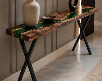 Dark Green Epoxy Console Table, Handmade Walnut Wood Entryway Table, Modern Hallway Sofa Table, Slim Resin Foyer Accent Furniture