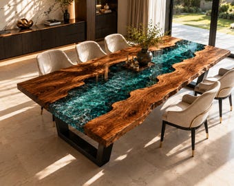 Teal Epoxy River Dining Table, Live Edge Walnut Resin Table, Handmade Luxury Wood Dining Room Table, Custom Long Table