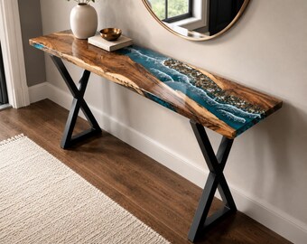 Coastal Epoxy Console Table, Handmade Wood River Entryway Table, Pebble Resin Hallway Sofa Table, Modern Foyer Accent Furniture