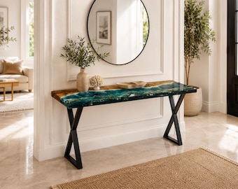 Teal Ocean Epoxy Console Table, Handmade Wood Resin Entryway Table, Modern Hallway Sofa Table, Coastal Foyer Accent Furniture