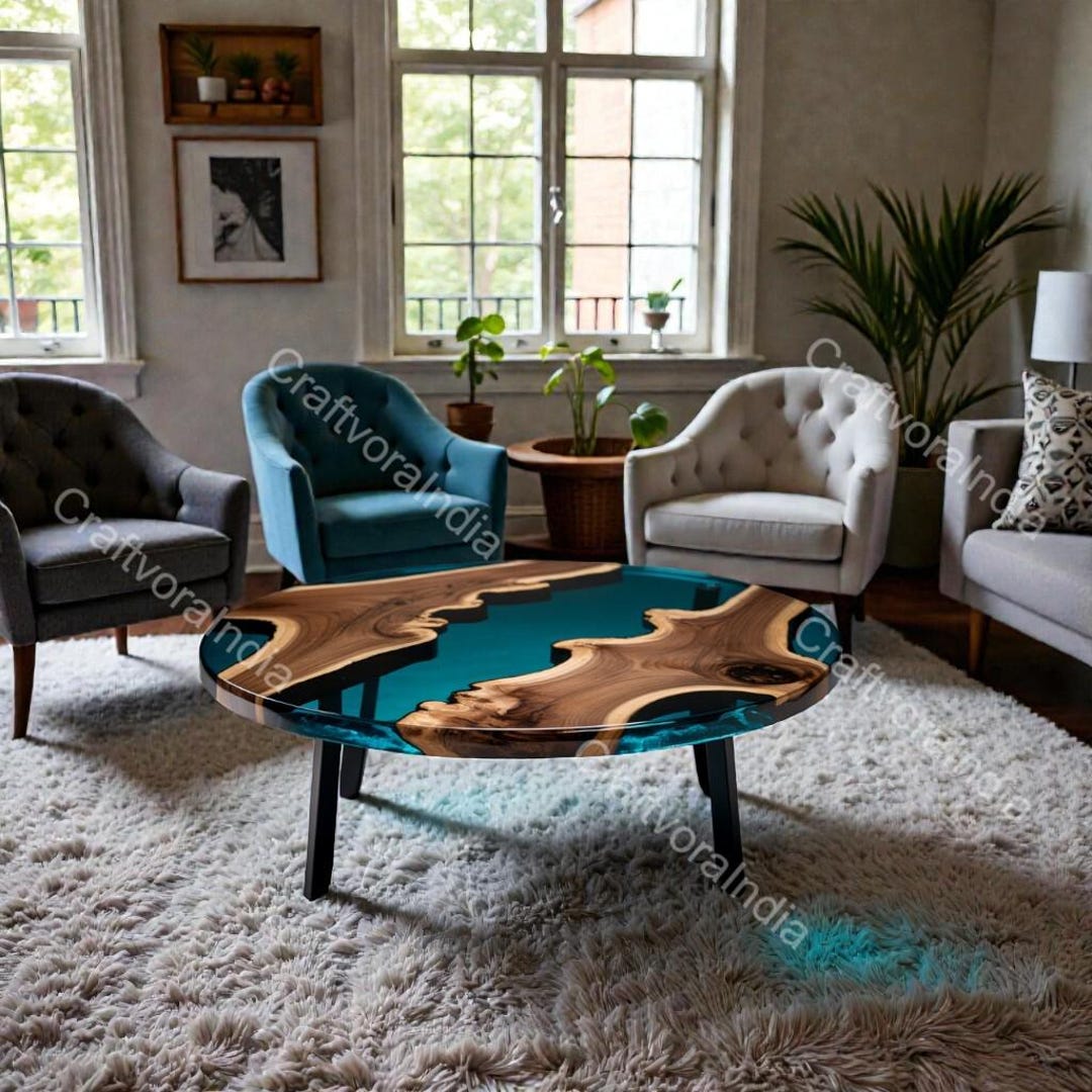 Round Live Edge Epoxy Coffee Table Walnut Side Table Mid Century Modern ...