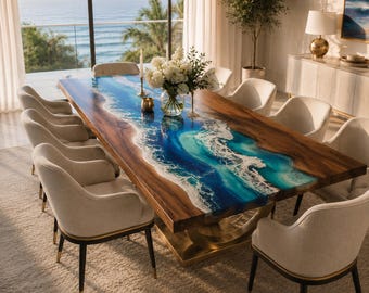 Ocean Epoxy Dining Table, Handmade Wood Resin Table, Luxury Coastal River Table, Modern Beach Wave Dining Room Furniture