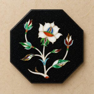 Handmade Black Marble Inlay Hexagon Floral Tile, Luxury Stone Decor, White Flower Mosaic Art, Table Accent Gift