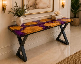 Purple Resin Console Table with Natural Wood Slice Design, Handmade Entryway Sofa Table with Metal Legs